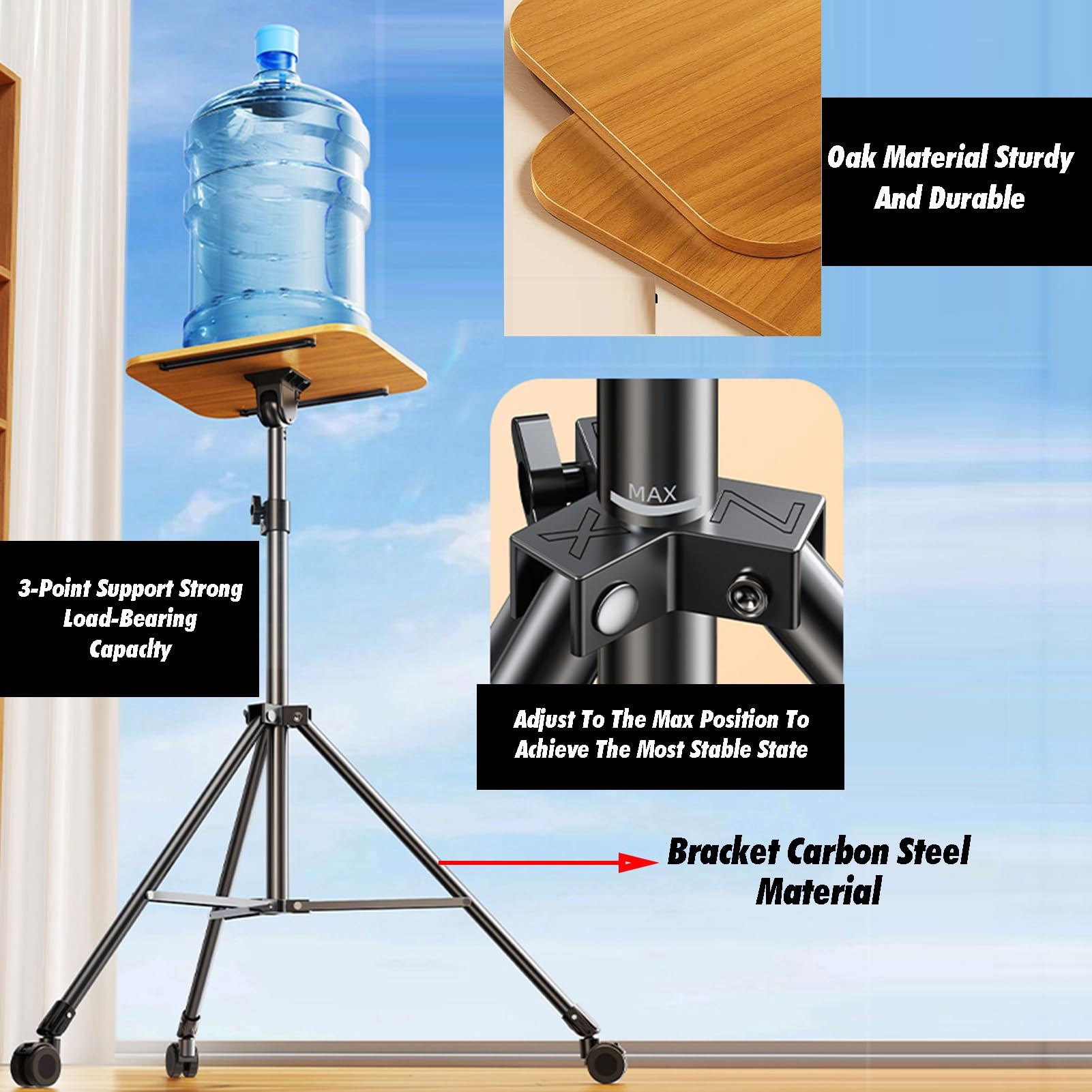 Soporte de suelo ajustable con base rodante y bandeja extraíble para partituras, laptop y pantalla