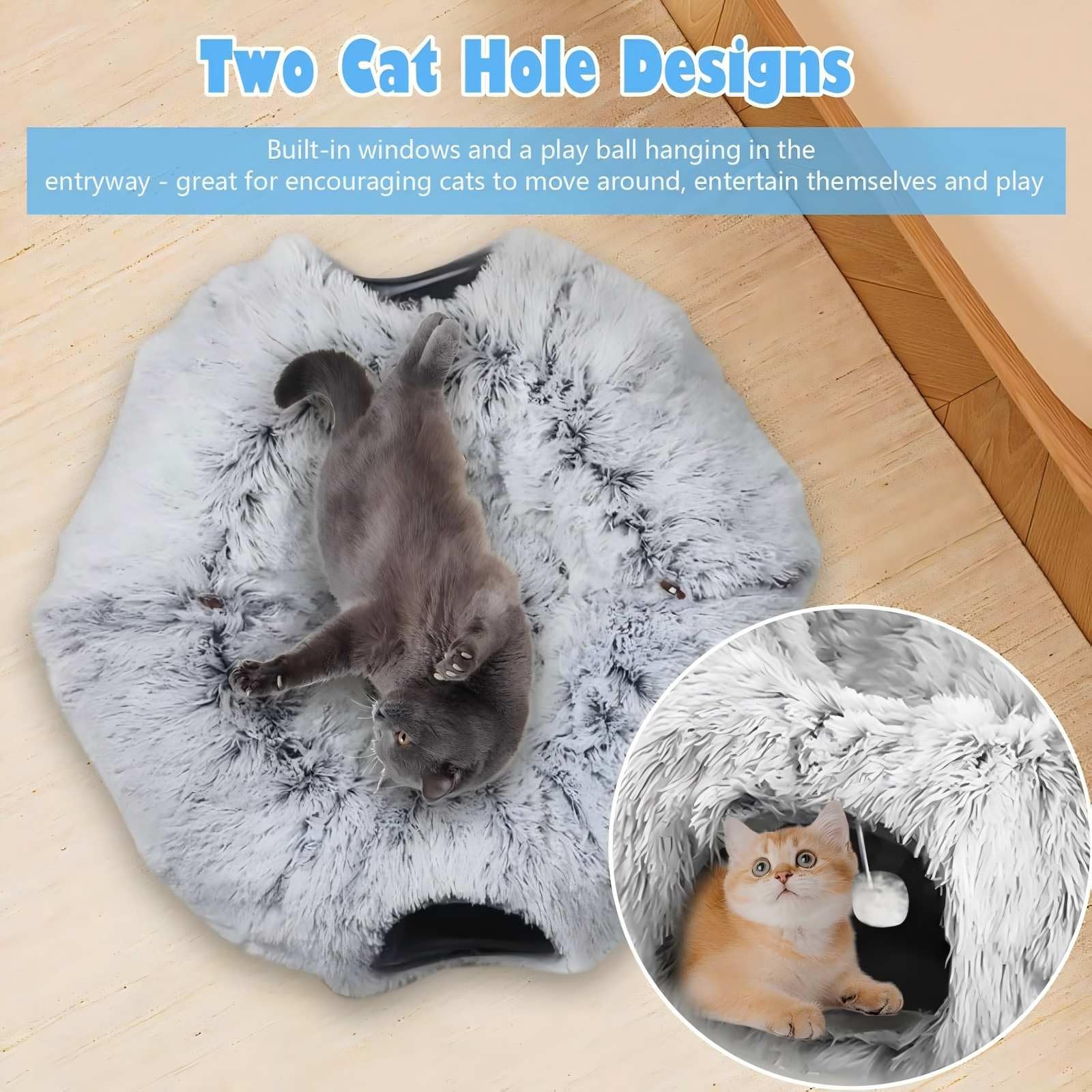 Tunnel Chat Pliable 2 en 1 avec Lit De Chat, Tunnel pour Chat D'IntéRieur avec Deux EntréEs Et des Balles Suspendues, Rond Tunnel Multifonctionnel pour Chats, Petits Lapins, Chiots Et Furets