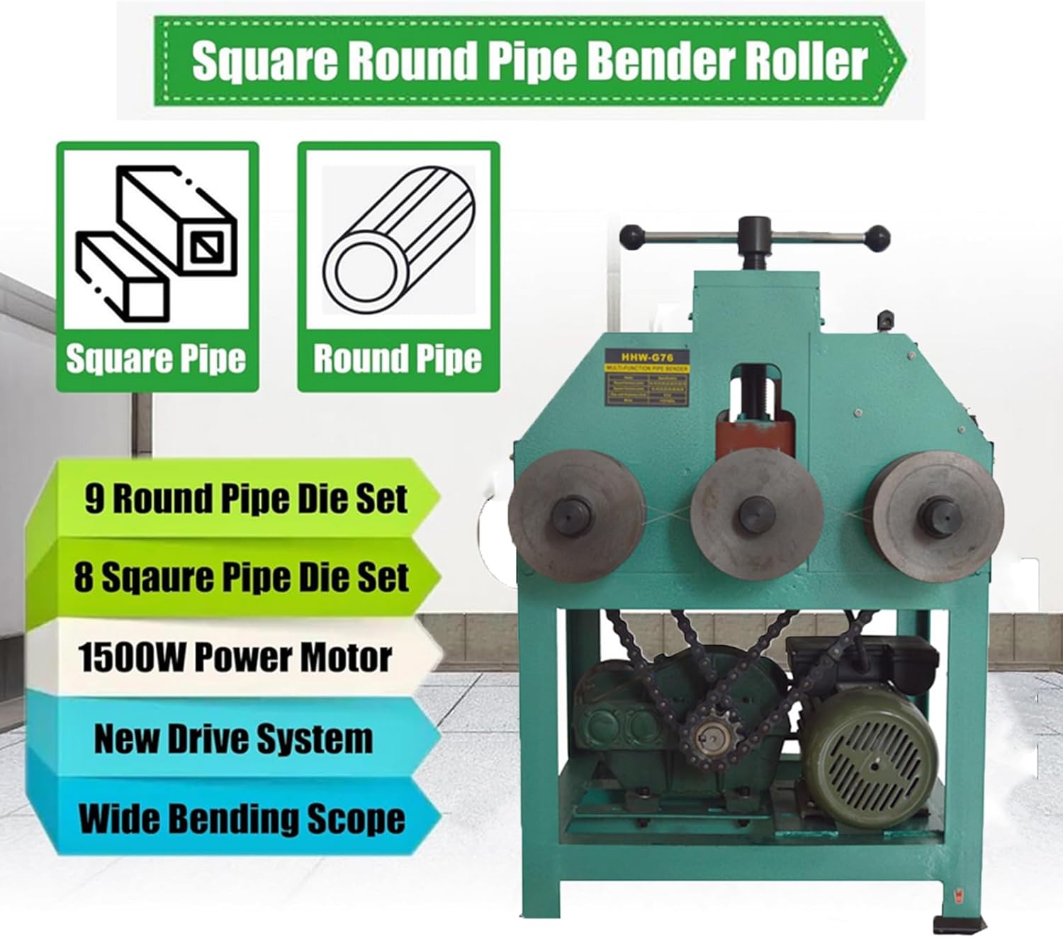 Electric Pipe Tube Bender Electric Square/Round Pipe Bender Roller 1500W Pipe Bending Rolling Machine Round Square Pipe Bender Roller with 9 Round Dies & 8 Square Die Sets, 110V