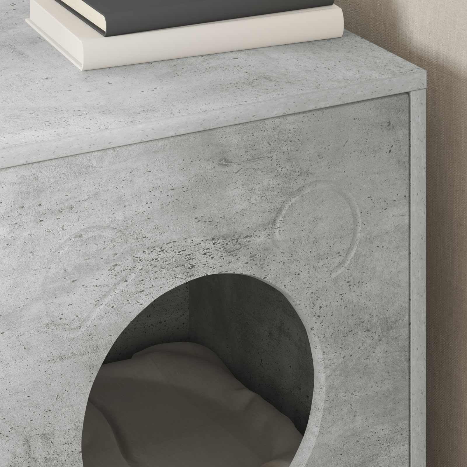 Casa para gatos de hormigón, material de madera, 42,5 x 40 x 53 cm, cueva para gatos con árbol rascador, escalada, juego, construcción estable para salón, balcón, ventana, fácil de limpiar y