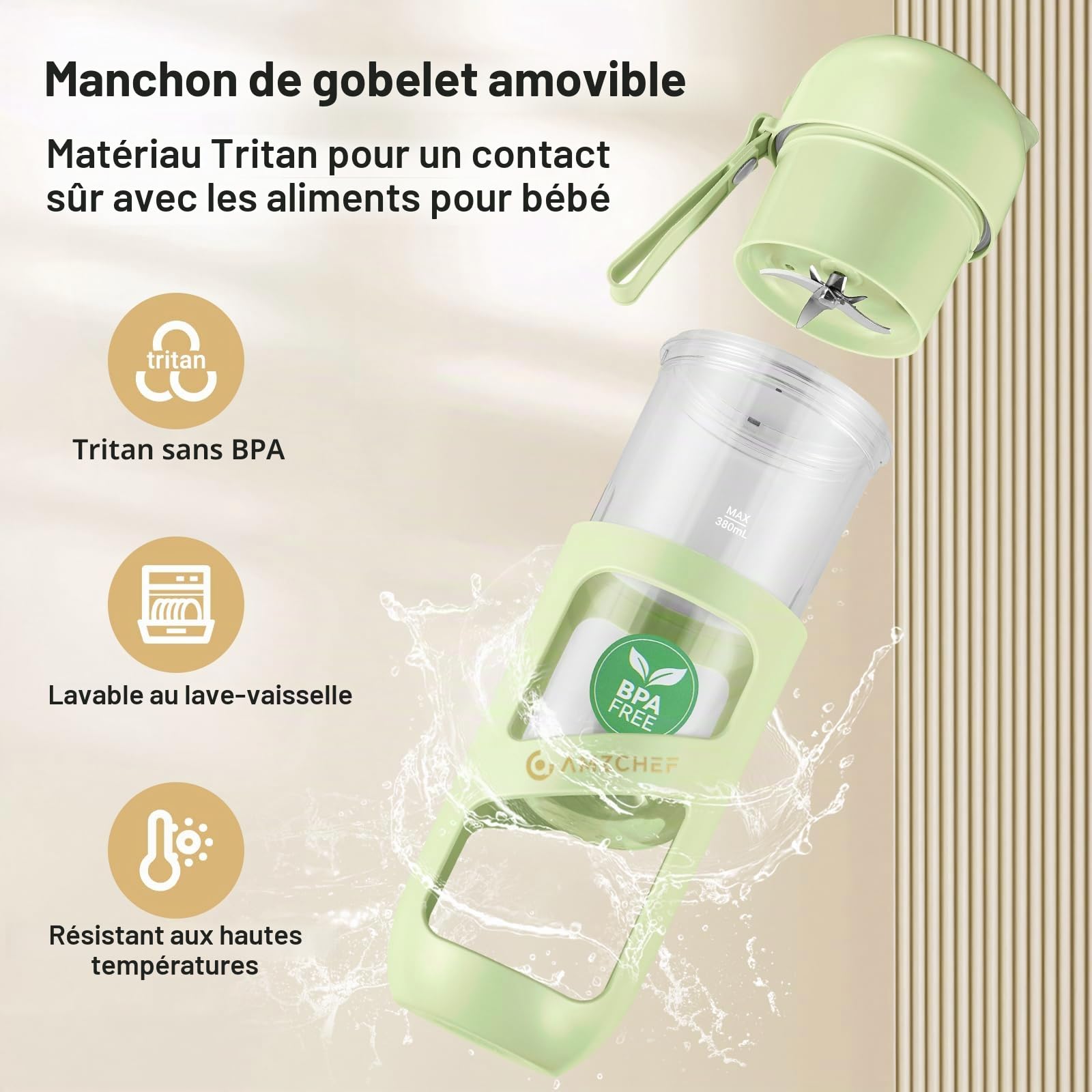 AMZCHEF Blender Portable - Mini Mixeur Sous Vide Pour Les Shake Et Les Smoothie - Forte Puissance De Coupe Avec 10 Lames