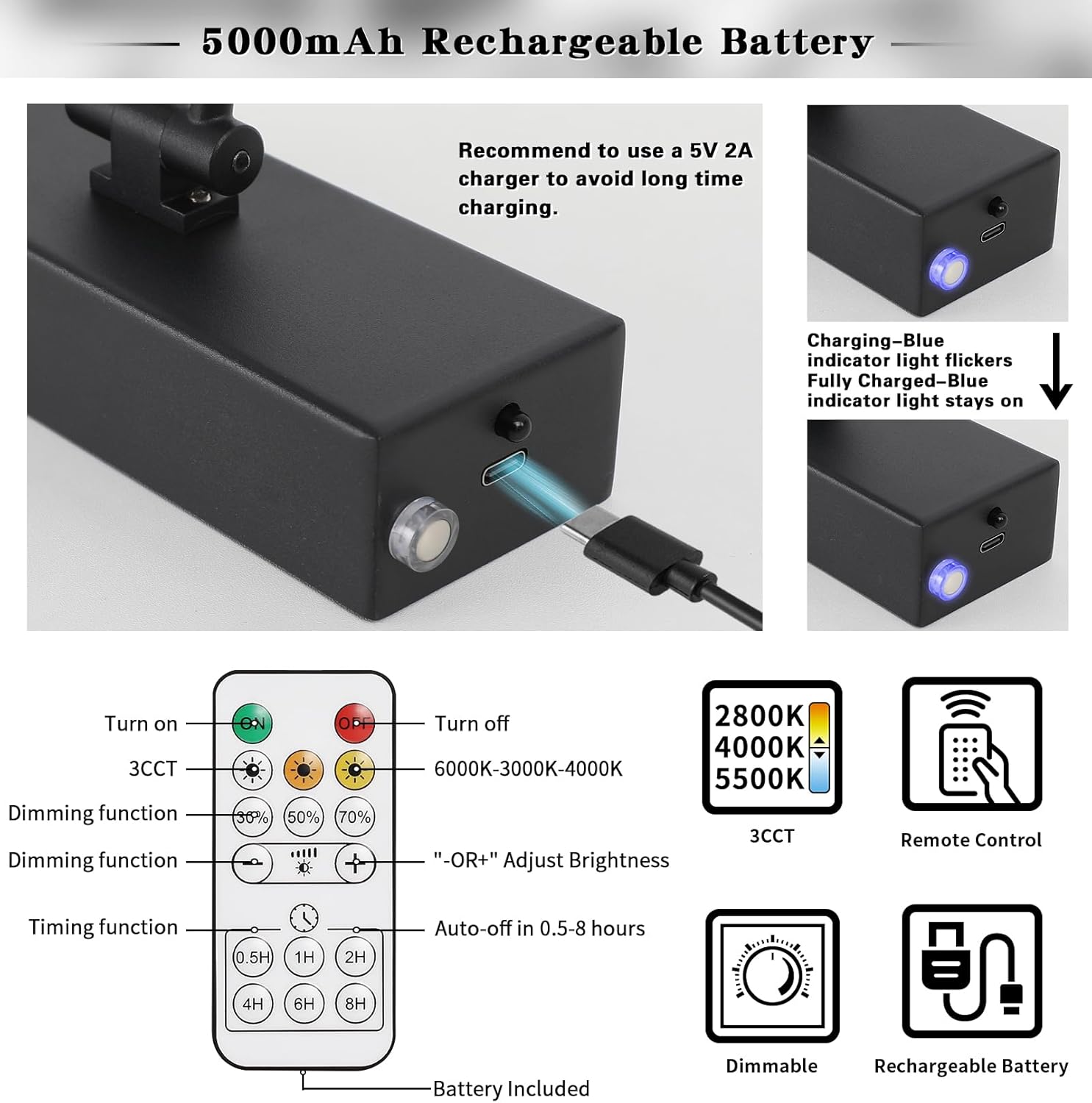 Rechargeable Picture Light Battery Operated 3CCT Dimmable Gallery Lighting Black Over Picture Light Wireless Art Lights with Remote and Timer 15.75" Inch 3W