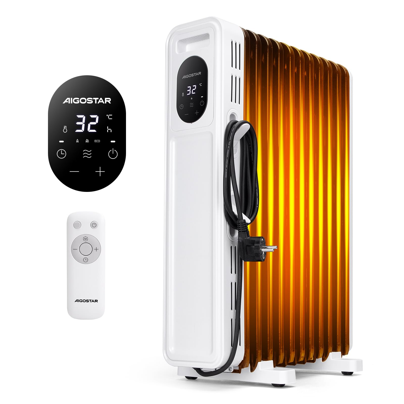Aigostar Energiesparend Ölradiator mit Fernbedienung, 3 Modi, 24h Timer | 2300W, 11 Rippen Heizung Elektrisch mit Thermostat, LED-Anzeige, Kipp & Überhitzungsschutz, Mobiler Radiator Heaters for Room