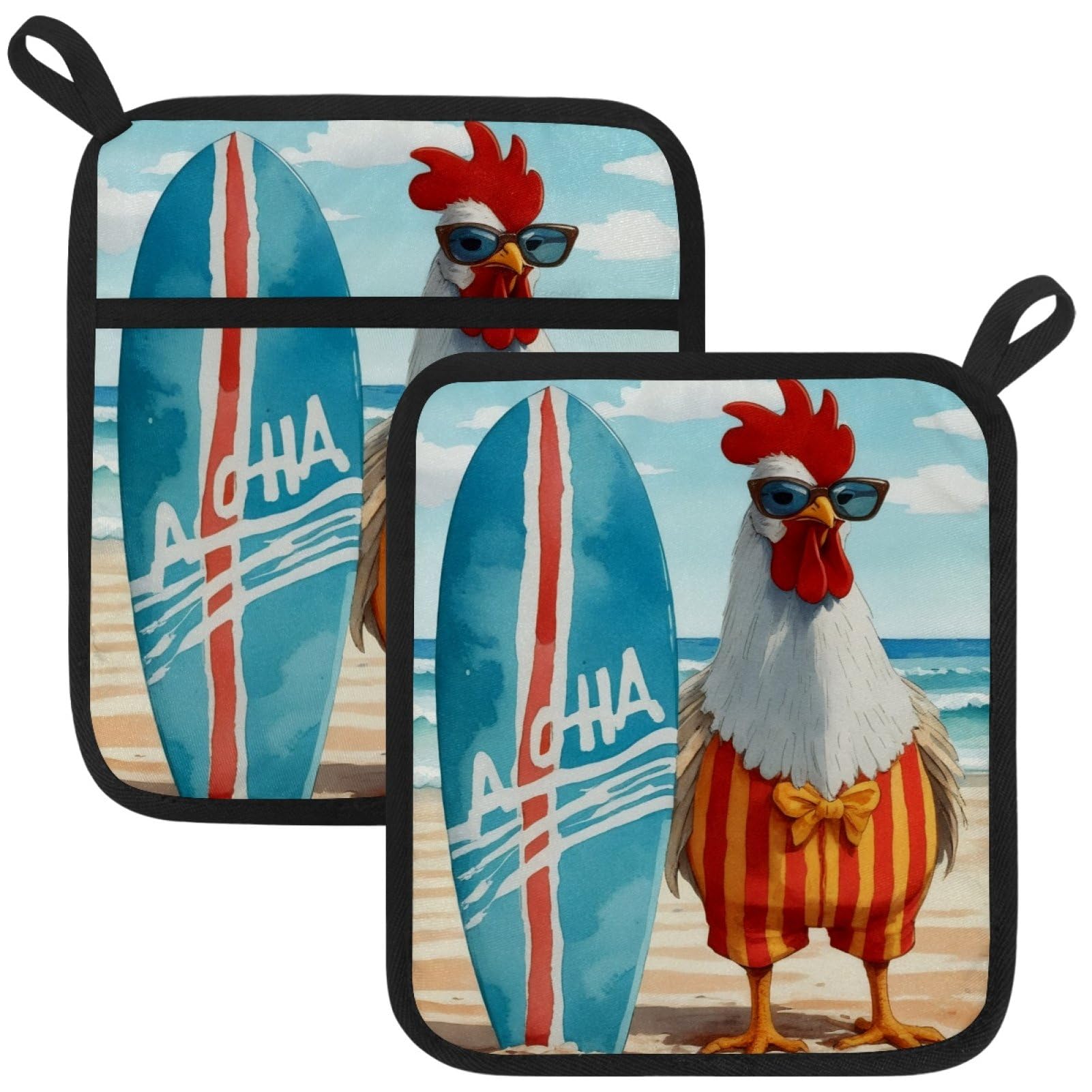 VAPOKF Surfboard Rooster Pot Holders with Pocket for Kitchen Heat Resistant Potholders Large Polyester-Cotton Square Oven Mitts Set