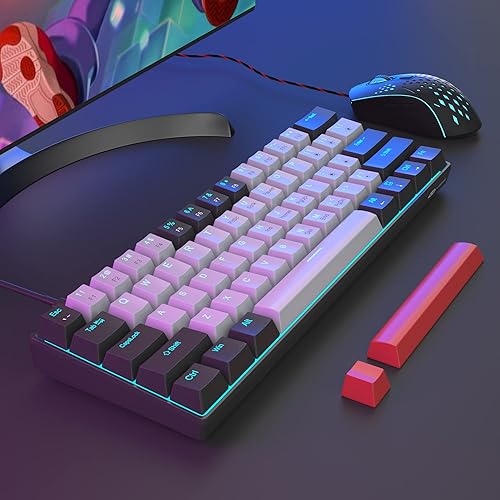 Miniatura 6 de Combo de teclado y mouse para juegos, teclado mecánico 60% compacto con retroiluminación LED azul, teclados y mouse para juegos de PC, teclado