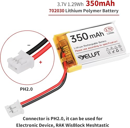 Miniatura 2 de RAK WisBlock Meshtastic - Batería de polímero de litio de 3.7 V 350 mAh, 2 unidades, 1S, 1C, 702030, con placa protectora y enchufe PH2.0 para
