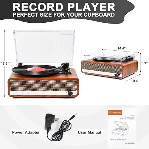Miniatura 7 de Reproductor de discos de vinilo con altavoces, tocadiscos de 3 velocidades con Bluetooth 5.3, entrada auxiliar, conector para auriculares, salida