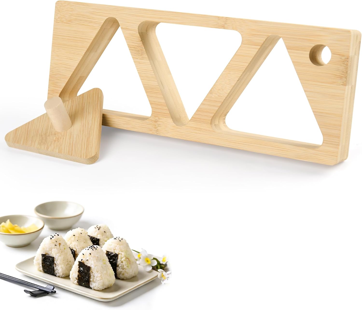 Bamboo Rice Ball Mold Kit, Wood Musubi Maker Onigiri Triangle Press for Sushi Bento Lunch Box, Non-Stick Japanese Food Mold for Family Picnic Home Kitchen