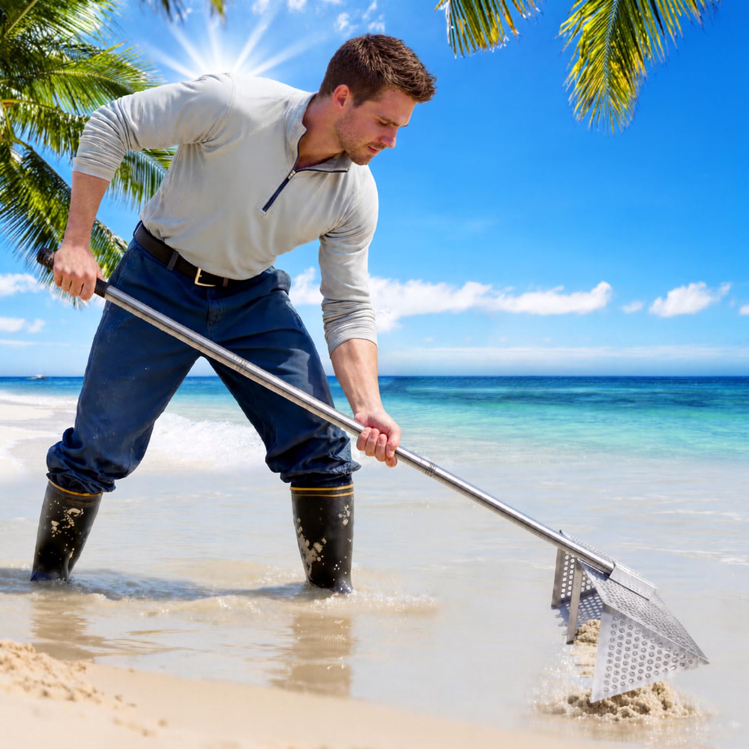 Strandrechen, Sandflohharke, Sandsieb aus Edelstahl mit Breitem Trapezkorb, Abnehmbarem Sandrechen, Sandflohrechen Strand, Faltbare Sandflohfalle für Den Strand