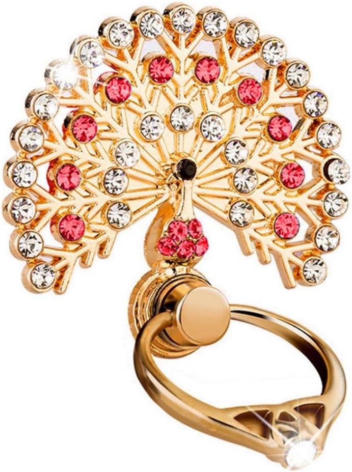 Dolloress Luxury Peacock Crystal Mobile Phone Holder Watch Shape Metal Finger Ring Stand Holder Phone Bracket (Red)