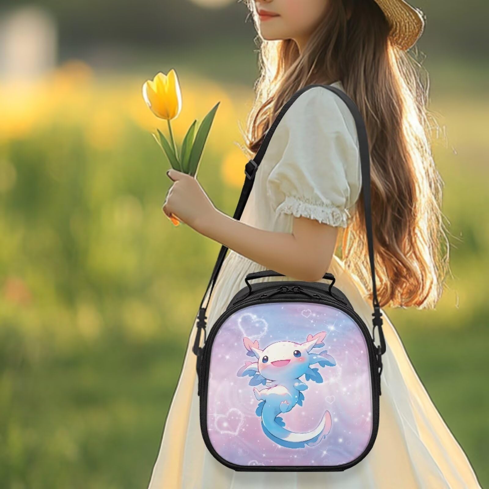 ZDCUSTOM Girls Cartoon Mini Lunch Box with Adjustable Shoulder Strap Lovely Axolotl Cute Print Lightweight Lunch Boxes for School Picnics Travel
