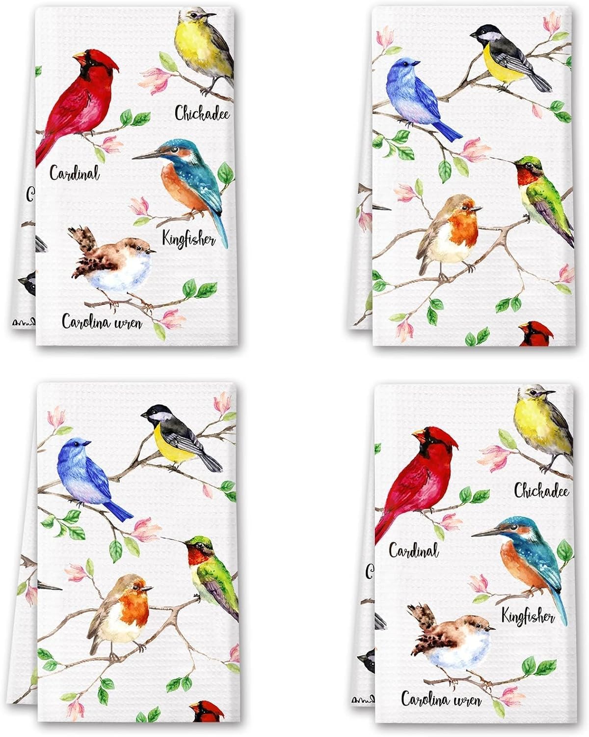 Vansolinne Birds Kitchen Towels Birds On Branch Dish Towels Set of 4 Cardinal Hummingbird Bluejay Absorbent Hand Towels Tea Towels Gifts for Bird Lovers Women for Cleaning Drying Cooking Baking