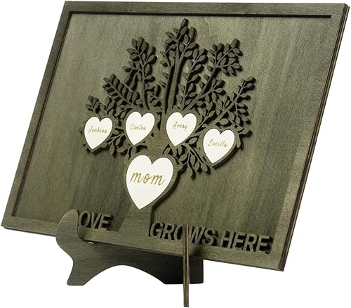 Vista 202 de Árbol genealógico con etiqueta de corazón, placas de madera grabadas personalizadas, regalos personalizados para madres, padres, escritorio, nombres