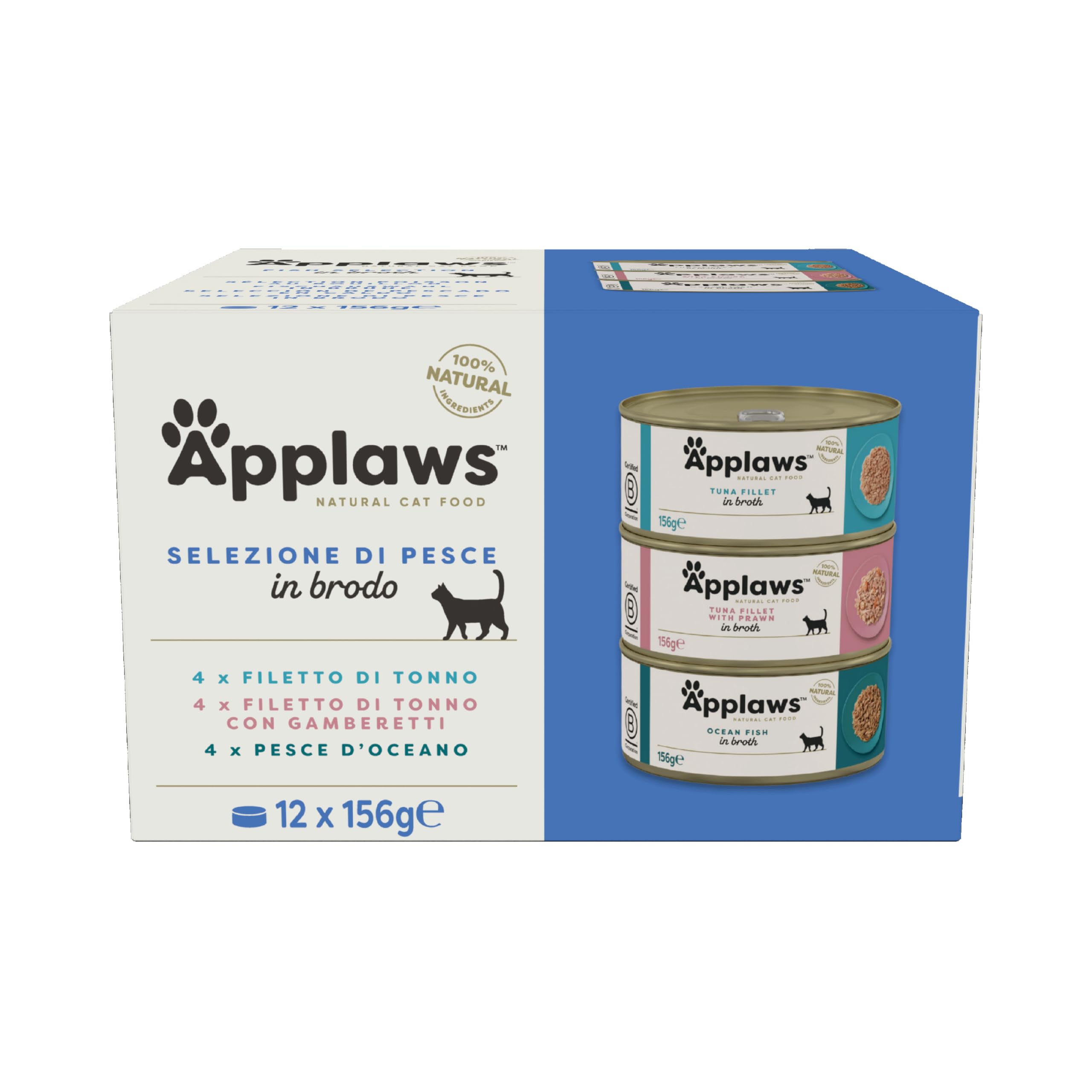 Applaws 100% Natural Wet Cat Food, Multipack Fish Selection in Broth (Pack of 12 x 156g Tins)