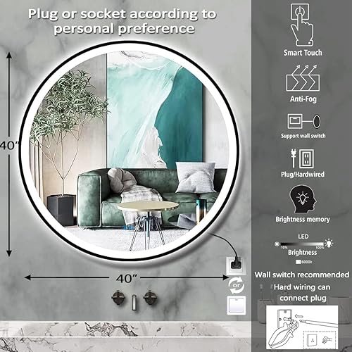 Miniatura 6 de DIDIDADA Espejo redondo LED negro de 40 pulgadas para pared de baño, espejo redondo iluminado con luces, marco negro, antiniebla, luces regulables