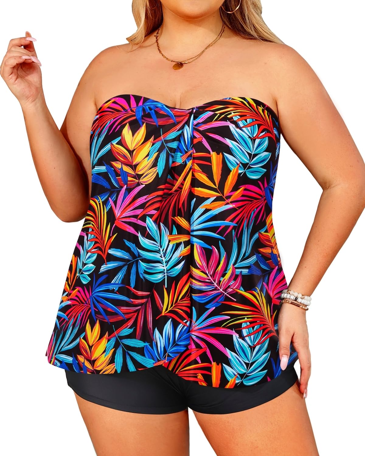 Plus Size Bandeau Tankini 2 Piece Halter Swimsuit with Shorts