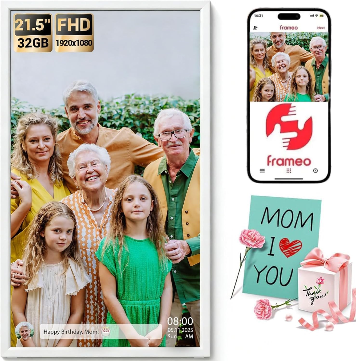 Cadre Photo Numérique Connecté WiFi 21.5 Pouces FHD IPS Écran- Cadre Numerique Photo Grand Format, 32Go Mémoire, Partagez des Photos/Vidéos via Frameo App, Rotation Automatique, Digital Frame