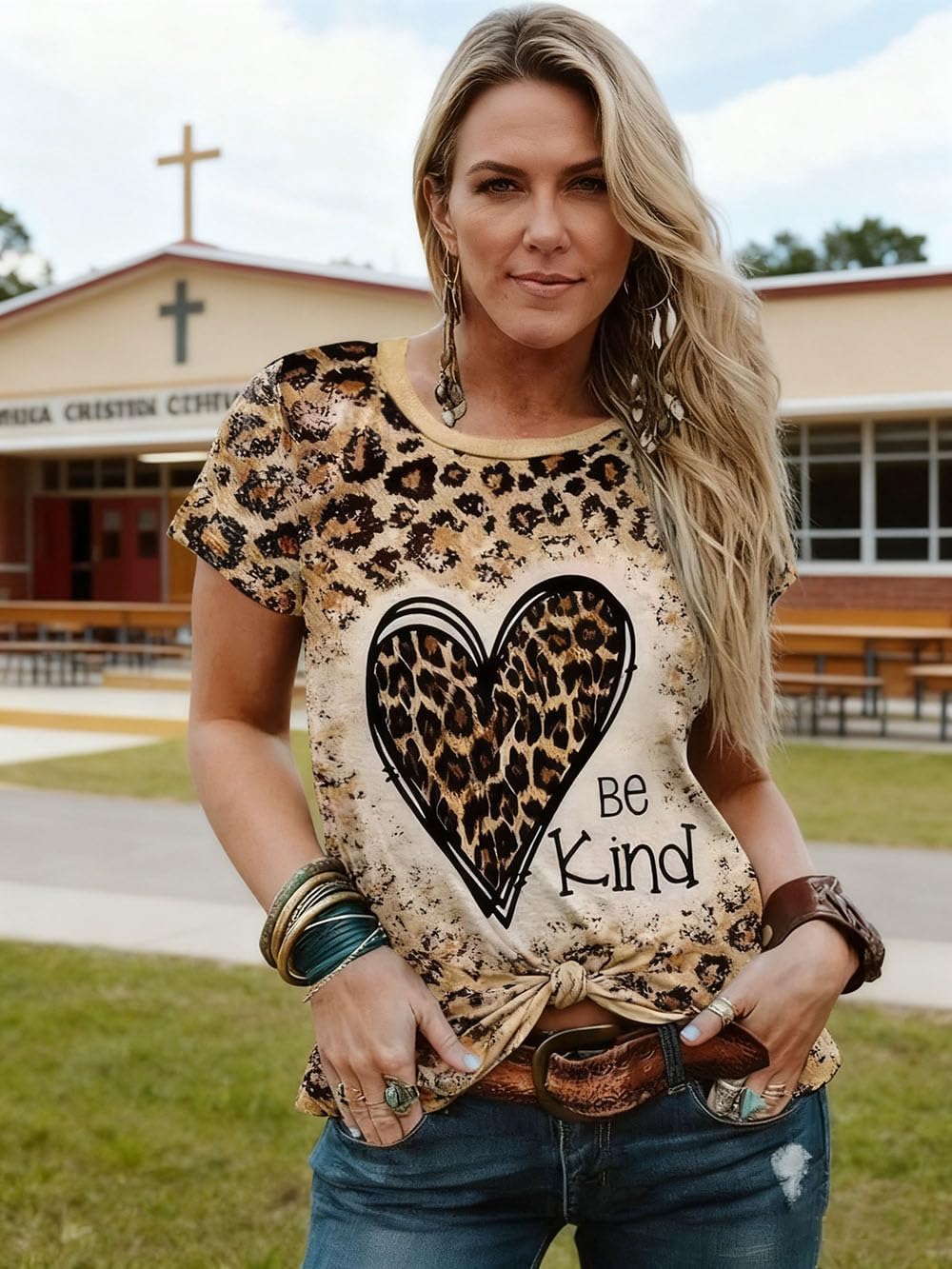 Be Kind Leopard T Shirt Animal Leopard Heart Graphic Blessed Shirt Women Inspirational Teacher Short Sleeve Tees Tops - Image 4