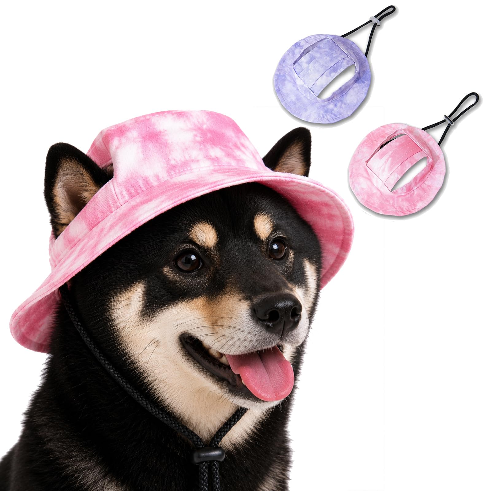 Dog Sun Hat Wide Brim Adjustable Chin Strap, Tie-Dye Pink Purple 2-Pack