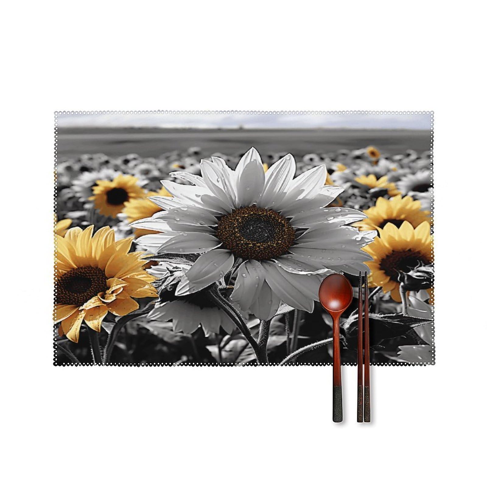 Black and White Sunflowers Placemats Set of 6 Heat Resistant Non-Slip Place Mats Washable Wipeable Table Mats Elegant Farmhouse Placemat for Kitchen Dining Outdoor Party Table Decor