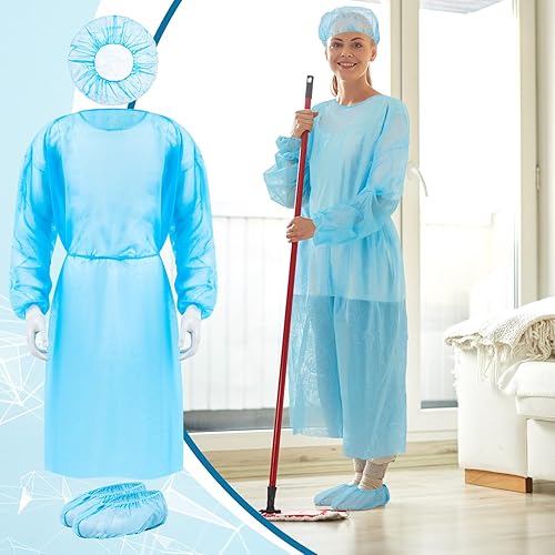 Miniatura 6 de Juego de 10 batas desechables de aislamiento para adultos, no tejidas, fundas de zapatos y gorras bouffant con puños elásticos para industria,