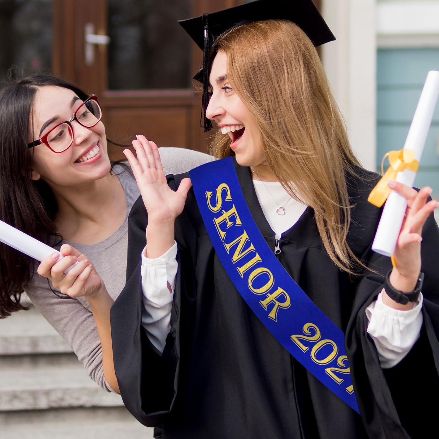 7 Pcs Senior 2027 Sashes, Royal Blue Satin with Gold Printing Letters