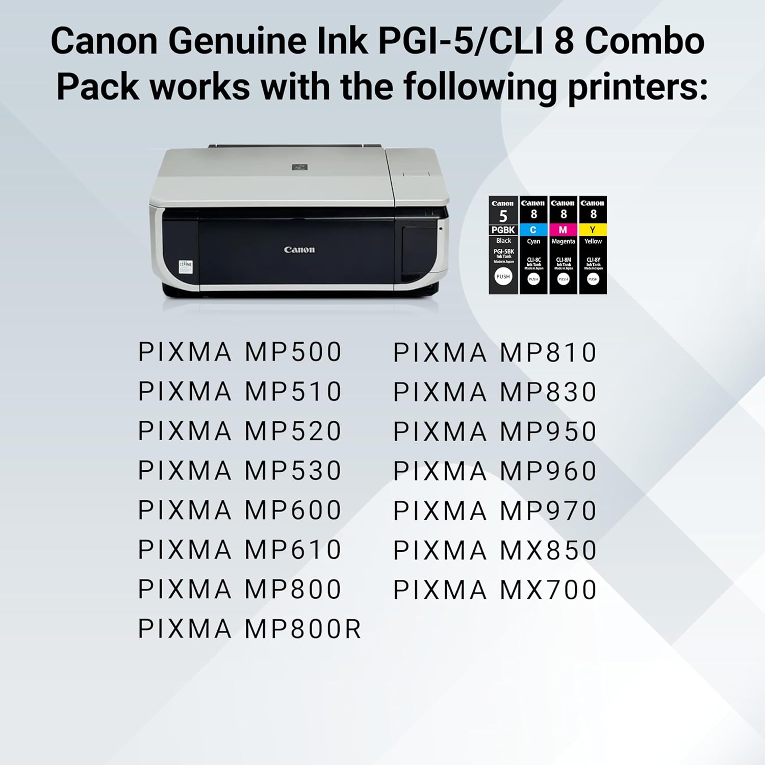 Canon PGI-5/CLI-8 Genuine Combo Pack with Photo Paper 50 Sheets, Compatible with MP500, MP510, MP520, MP530, MP600, MP610, MP800, MP800R, MP810, MP830, MP950, MP960, MP970, MX850, and MX700 Printers