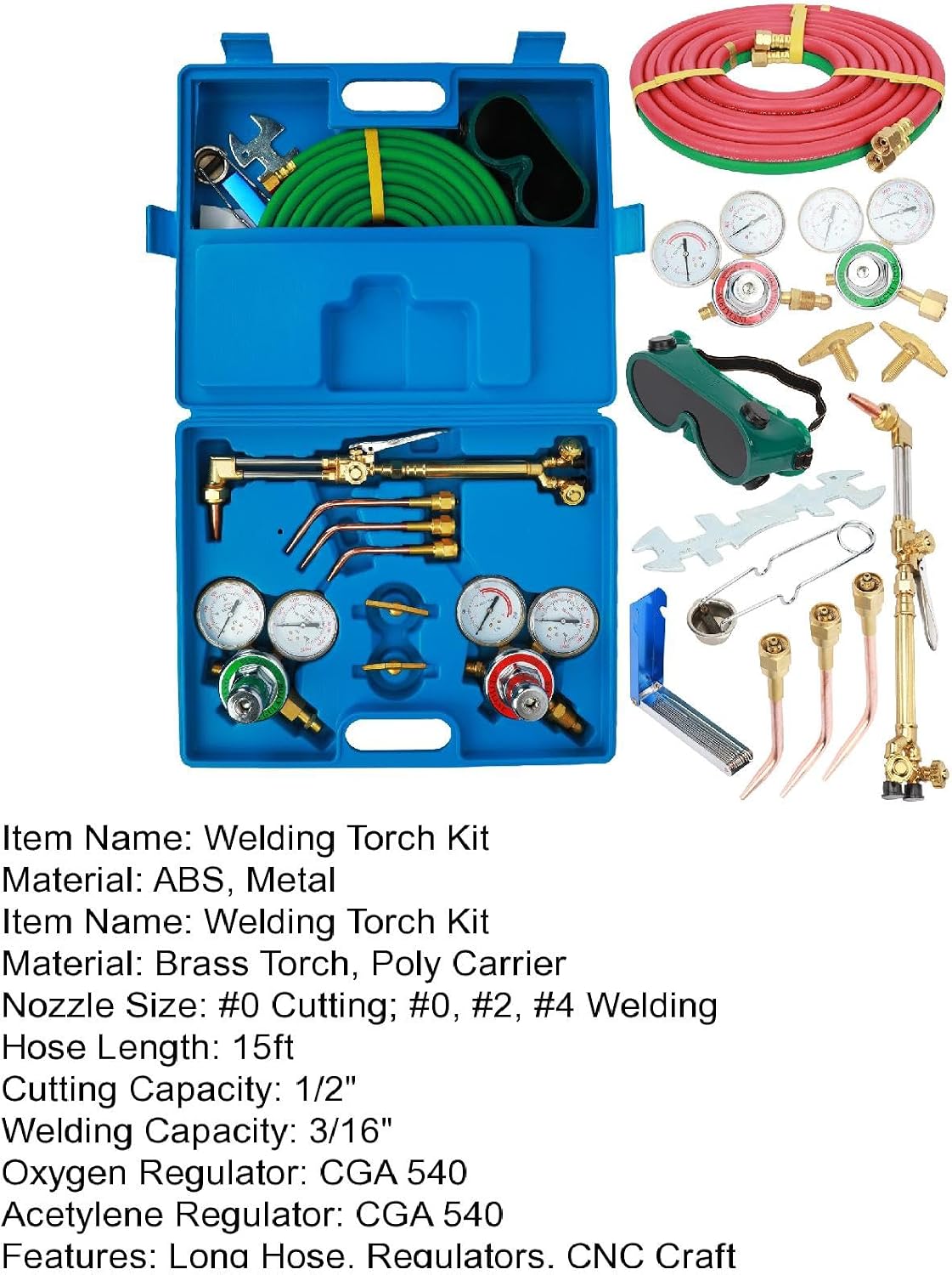 cdar Oxygen Acetylene Torch Kit, Portable Long Hose Brass Nozzle Welding Torch Kit with Brass Nozzle & Regulator Gauges Oxygen & Acetylene Welding Torch Kit Blue
