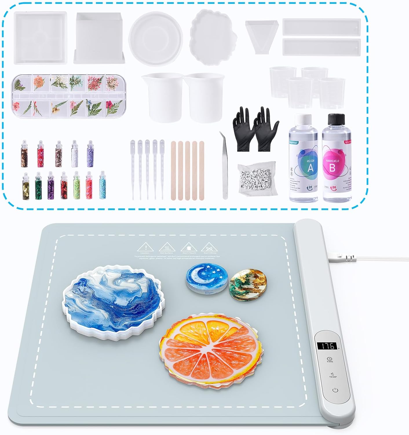 Epoxy Resin Kit with Heating Mat, 16OZ Resin Art Kit with Curing Machine, 6PCS Silicone Molds, Dried Flowers, Complete DIY Set for Making Coasters, Ornaments and Bookmarks, Ideal for Beginners