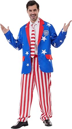 Mens USA Patriotic Suit Costume Uncle Sam Outfit USA Flag Costume for 4th of July