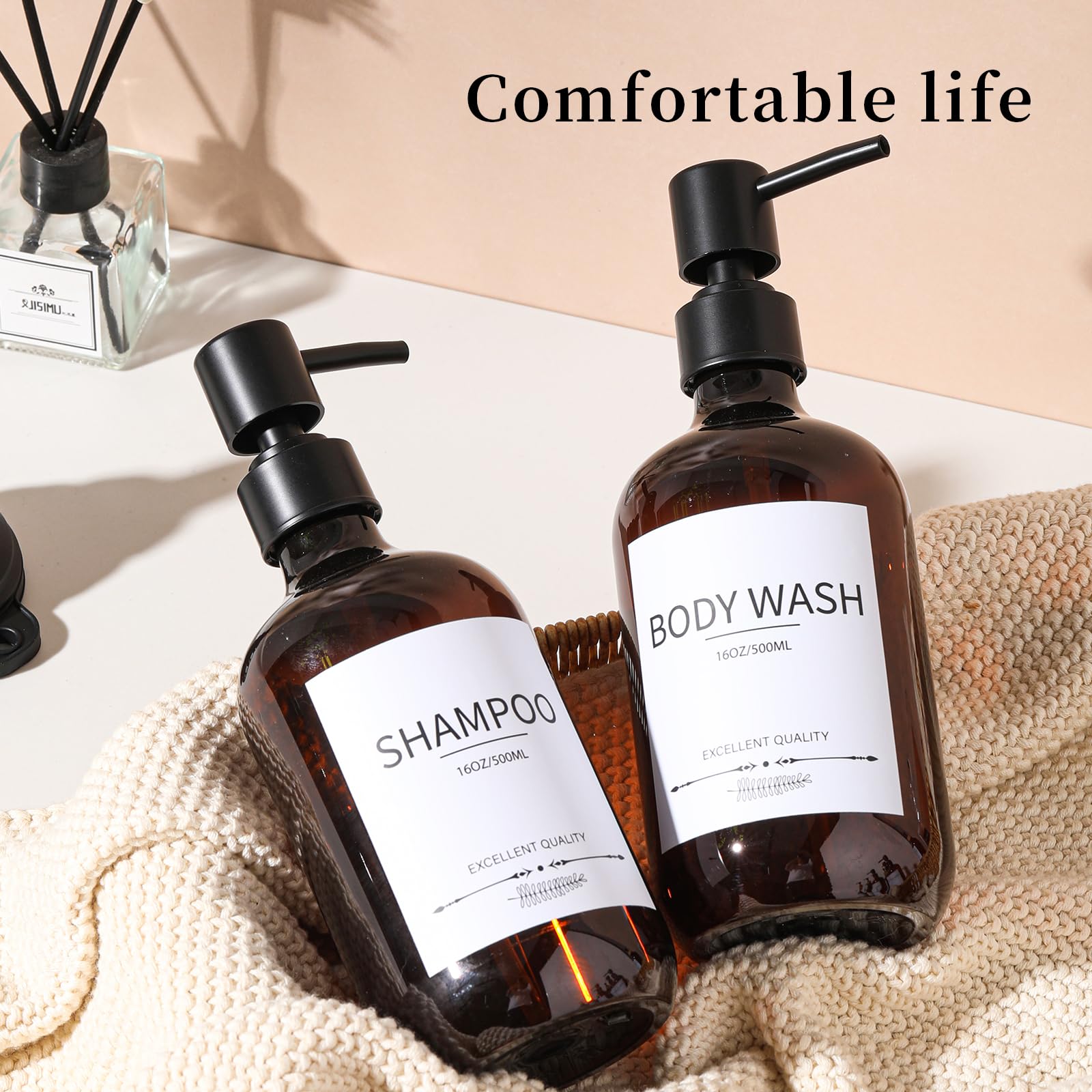 Botellas de champú y acondicionador (paquete de 5), dispensador de champú para ducha, botellas recargables con bomba, juegos de dispensador de baño (ámbar)