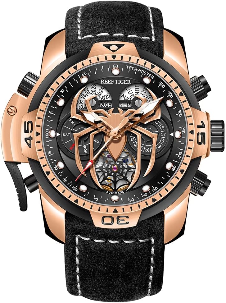 REEF TIGER High-end Luminous Sport Automatic Watch Spider Dial with Year Month Perpetual Calendar Leather Mechanical Watches RGA3532SP