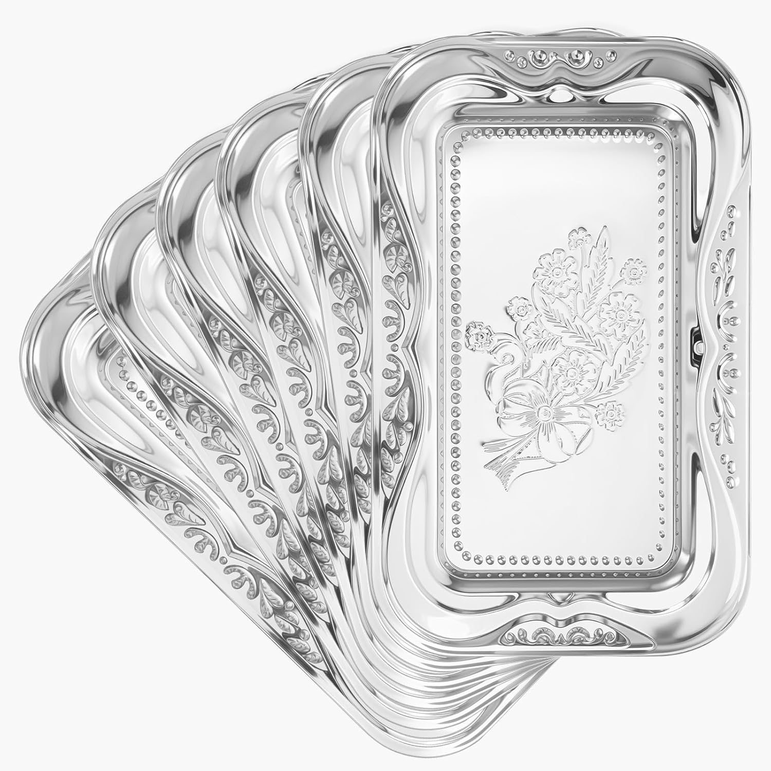 6 Packs Silver Serving Trays, 13.8" x 8.7" Bow Floral Engraved Mirror Decorative Tray, Stainless Steel Trinket Tray, Retro Vintage Embossing Rectangle Reusable Party Platters, for Tea Coffee Fruit Des