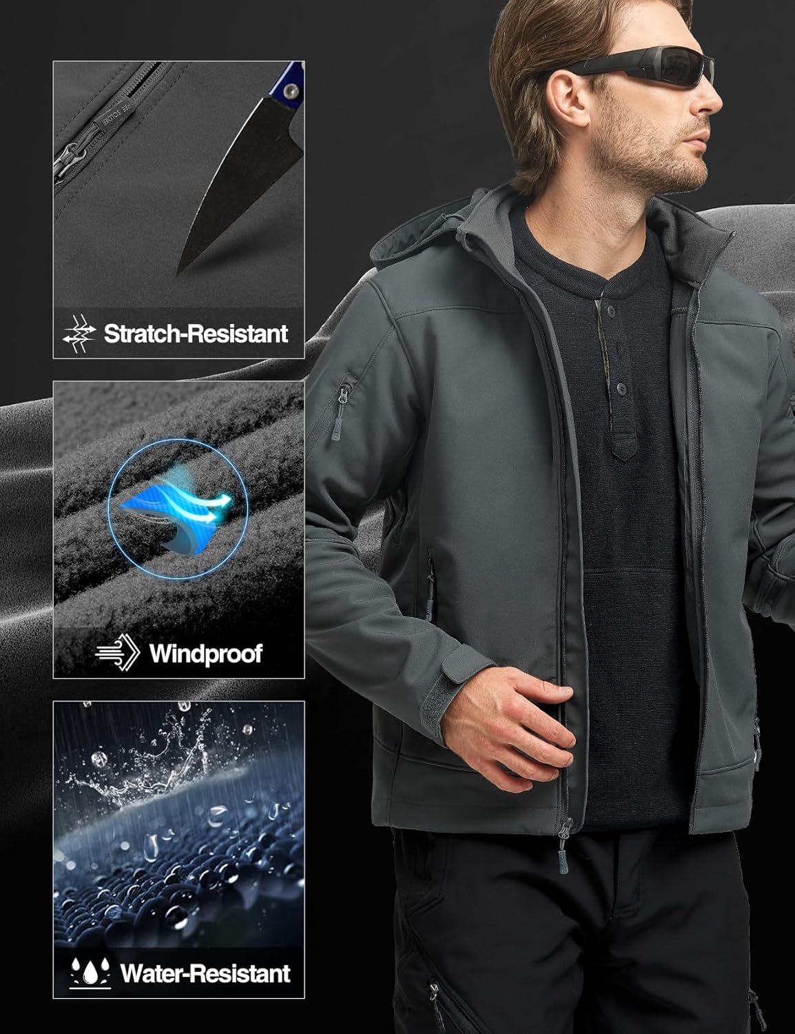 FREE SOLDIER Men's Softshell Hiking Jacket Waterproof Hooded Tactical Hunting Jacket - Image 4