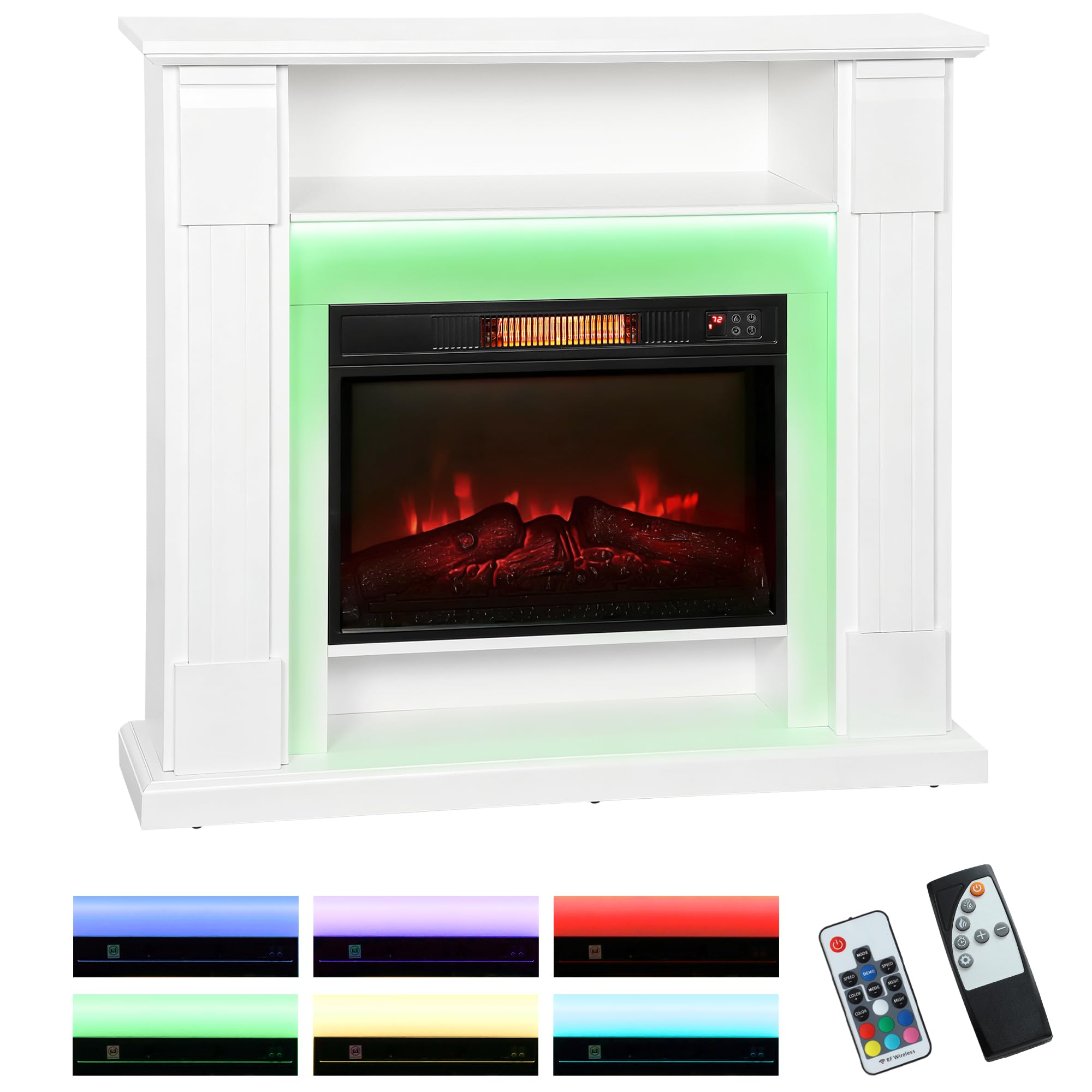 HOMCOM Kominek elektr. z grzaniem RGB LED efekt płom. 1800W Timer Biały
