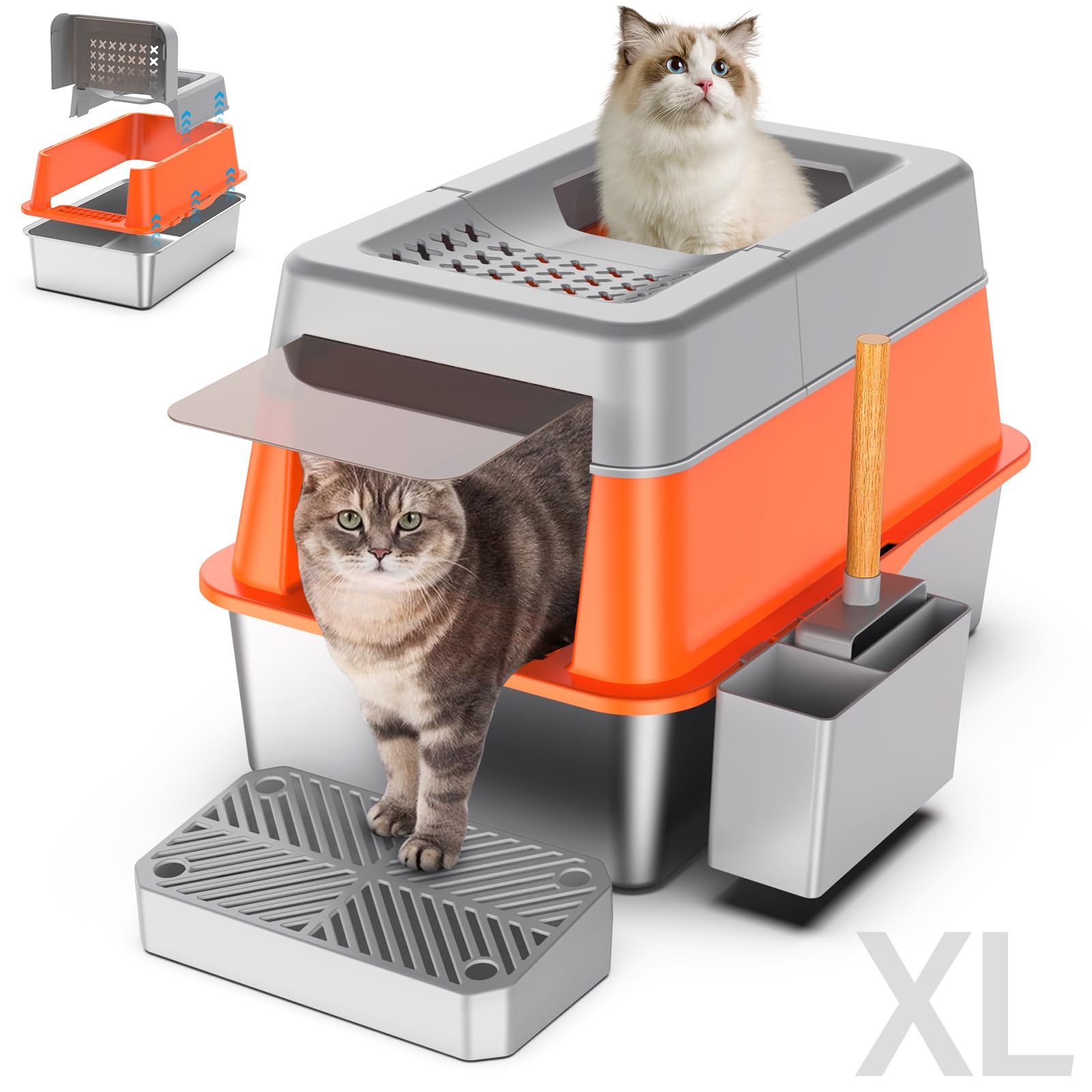 ELEGX Pine Sifting Cat Litter Box - 4-in-1 Metal, Enclosed With Screen Mesh - Great For Large Cats & Odor Control
