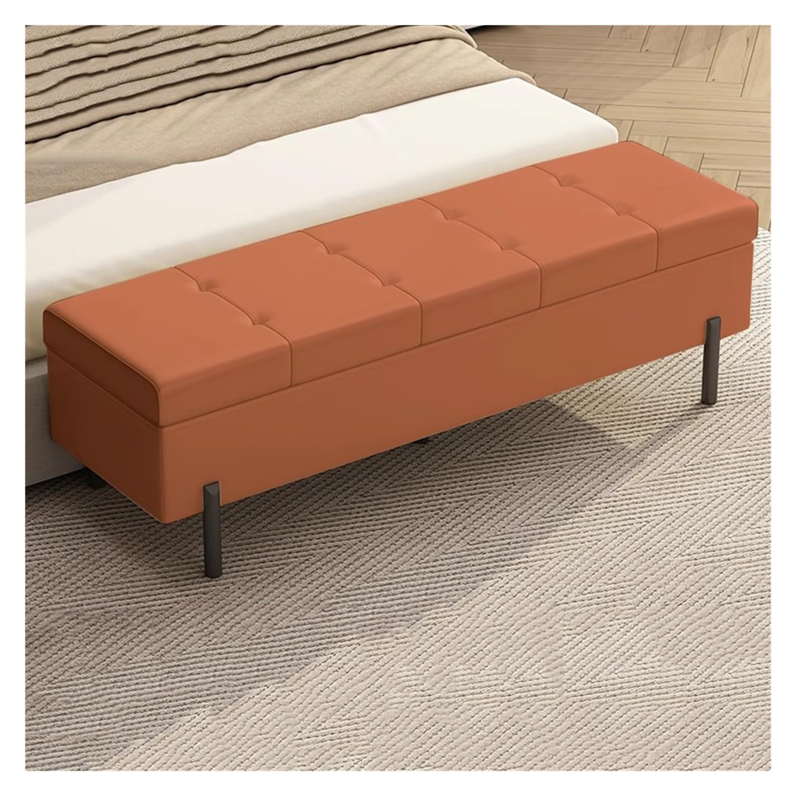 Rectangular Leather Storage Ottoman Bench Upholstered Footstool Orange 80CM