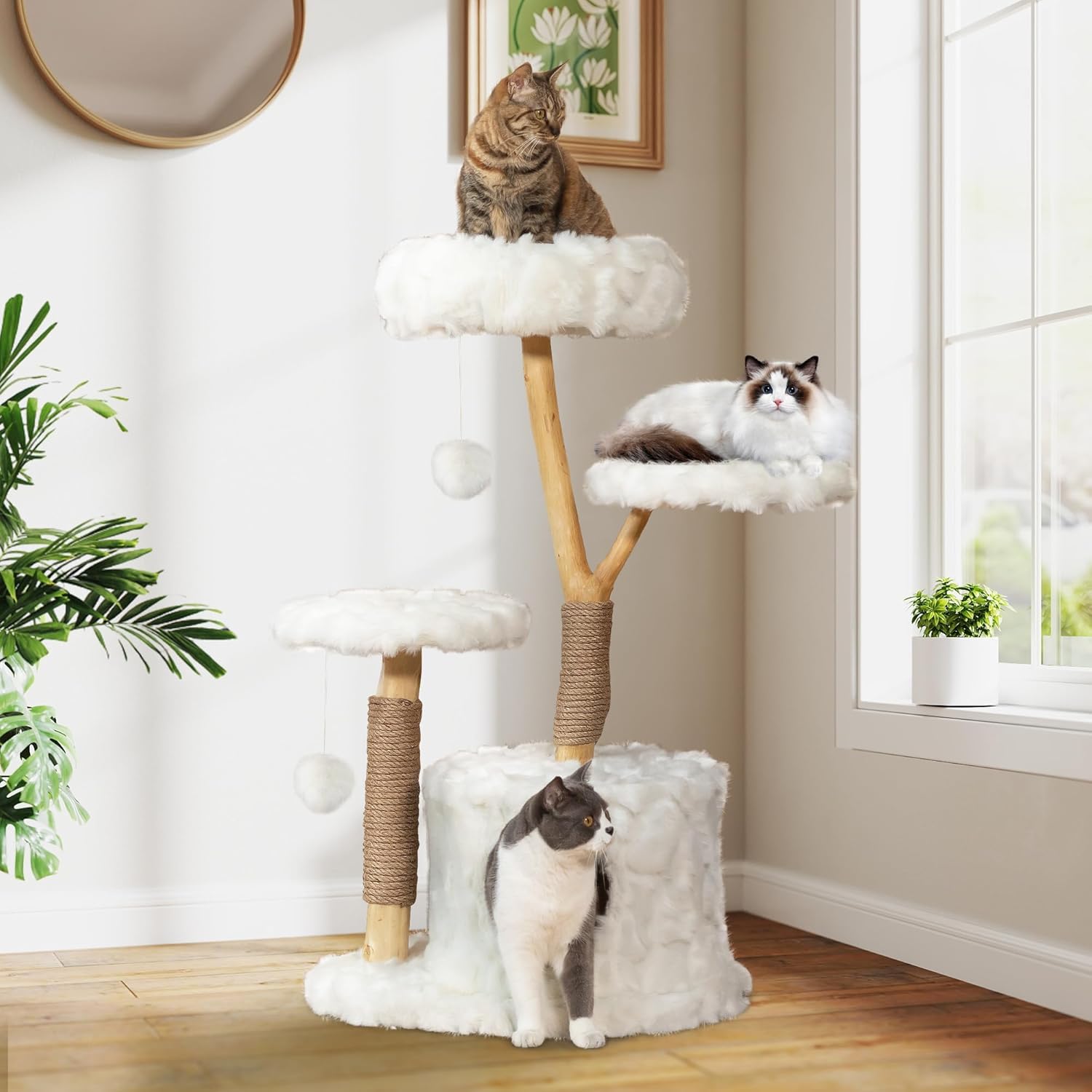 COZIWOW Cloud Cat Tree Tower, Solid Natural Wood Branches, Modern, Aesthetic, Unique, Cat-Approved, 34" L x 17.7" W x 41.7" H, White