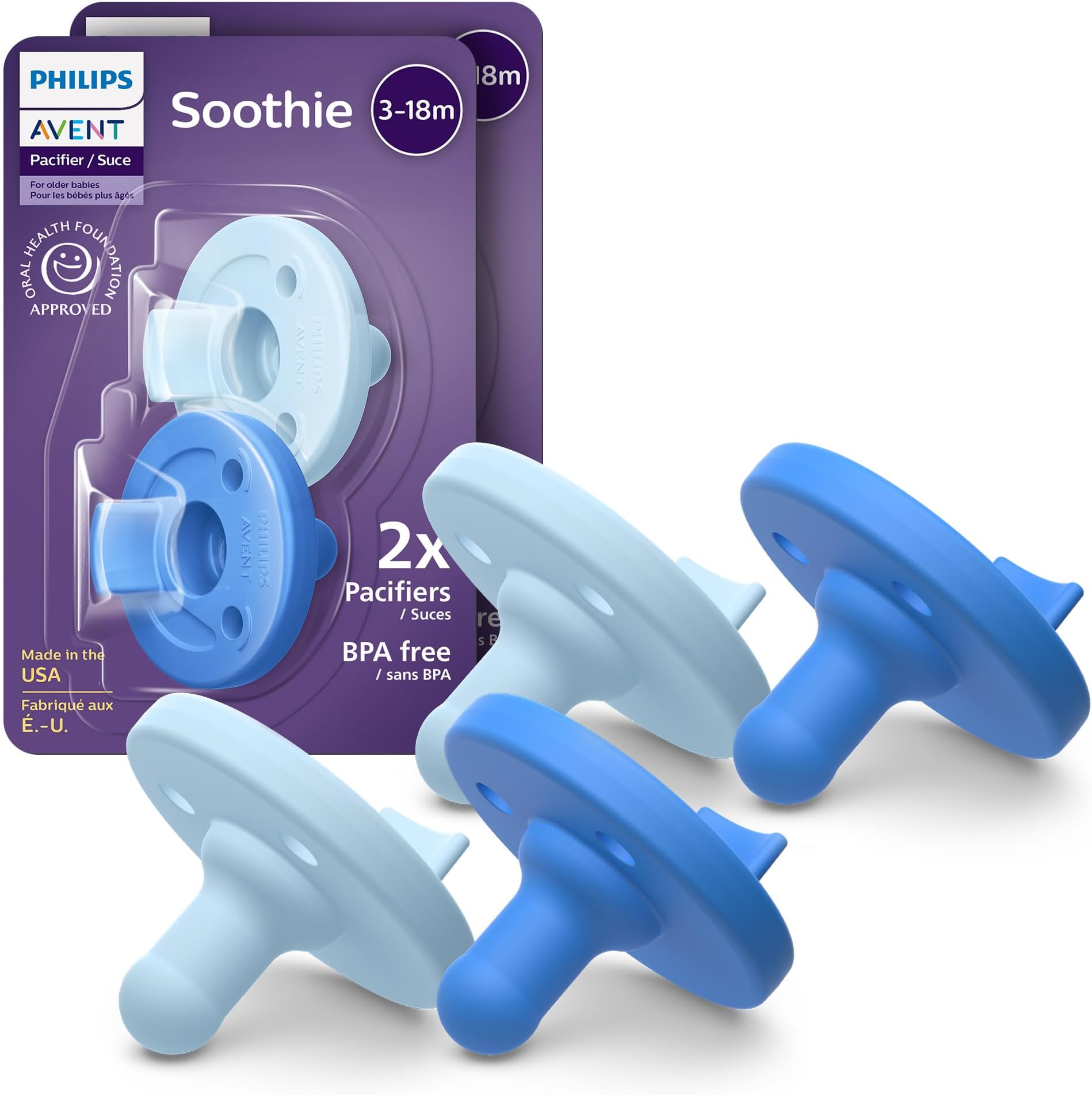 Philips Avent Soothie Baby Pacifiers - 100% Silicone Pacifiers for Babies 3-18 Months, One-piece Design, BPA-Free, Extra Durable, Sky Blue and Light Blue, 4 Pack, Model SCF192/71