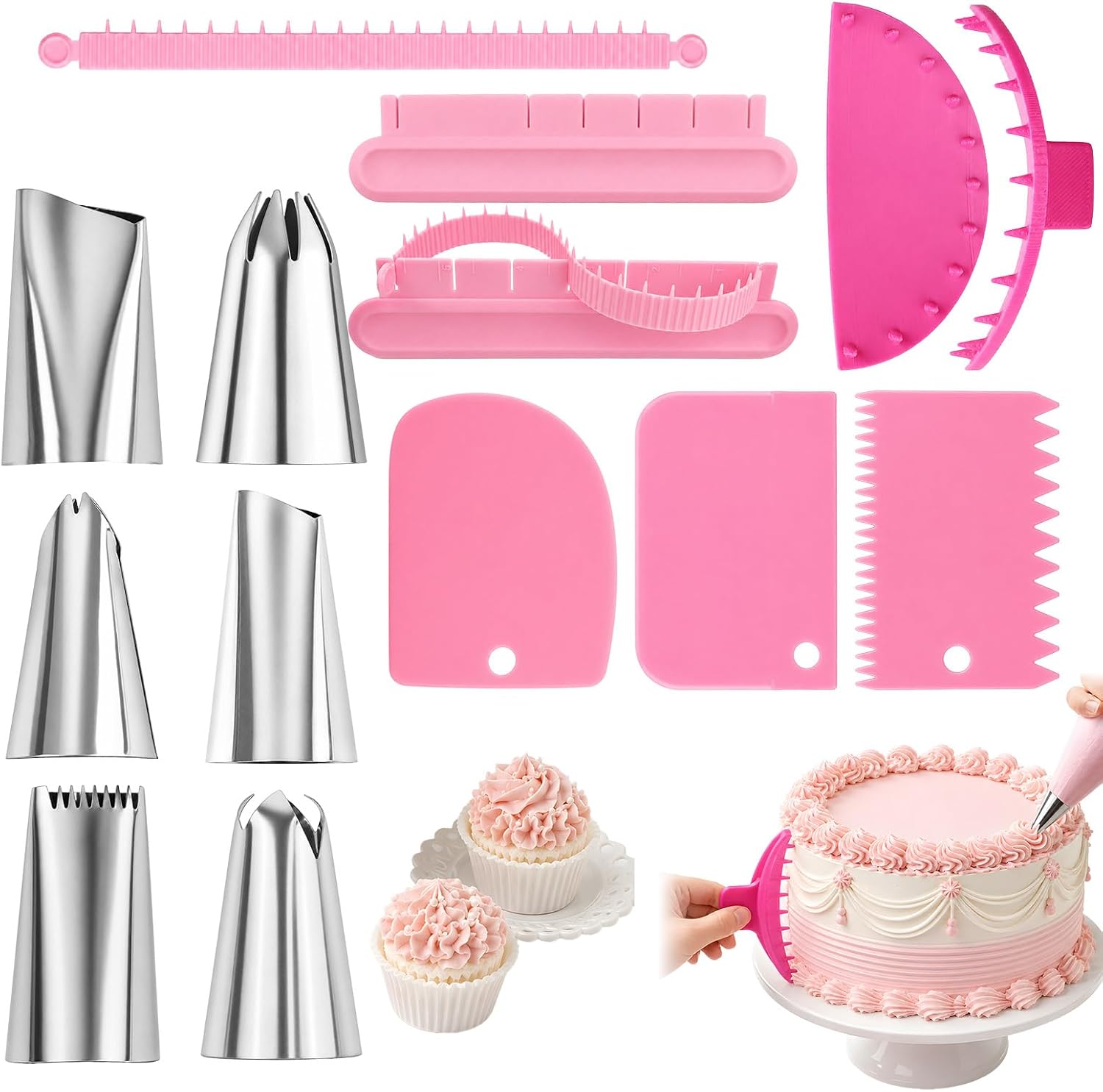 13PCS Reusable Cake Decorating Tool Set, Cake & Baking Supplies with 2 Cake Arch Guide Tool, 3 Cake Scraper, 6 Piping Tips and Adjustable Fondant Cake Arc Ruler, Complete Cake Ruffle Markers