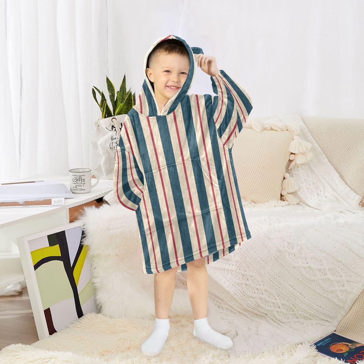 Zielony beżowy czerwony w paski dziecięcy koc do noszenia bluza z kapturem oversize bluza koc sweter abstrakcyjny dla chłopców i dziewcząt w wieku 3-14 lat, multi, 150-170