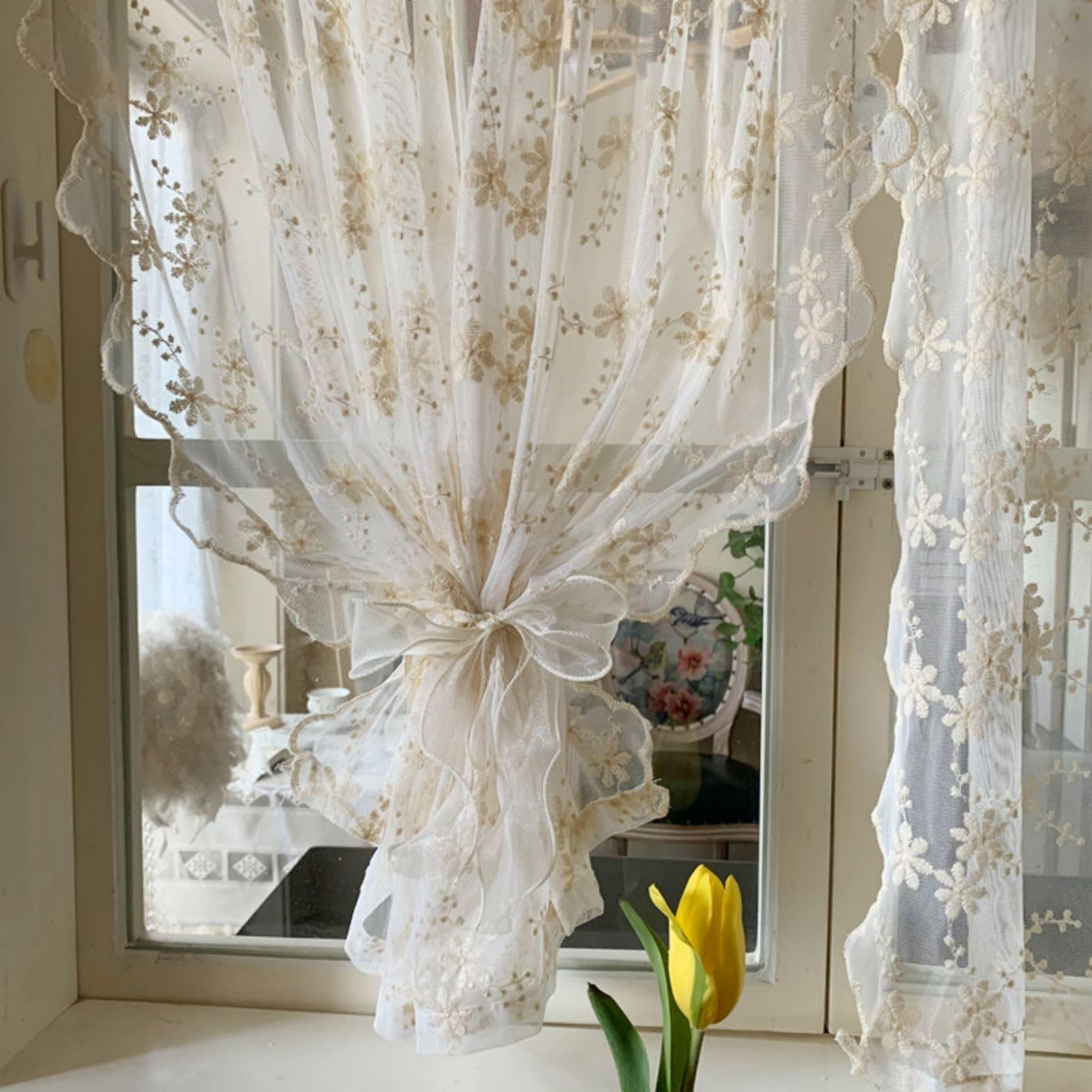 Yaland Gordijnen in landelijke stijl met borduurwerk bloemenpatroon transparante gordijnen met gebogen afwerking korte vitrage 1 stuk beige HxB 80 x 130 cm