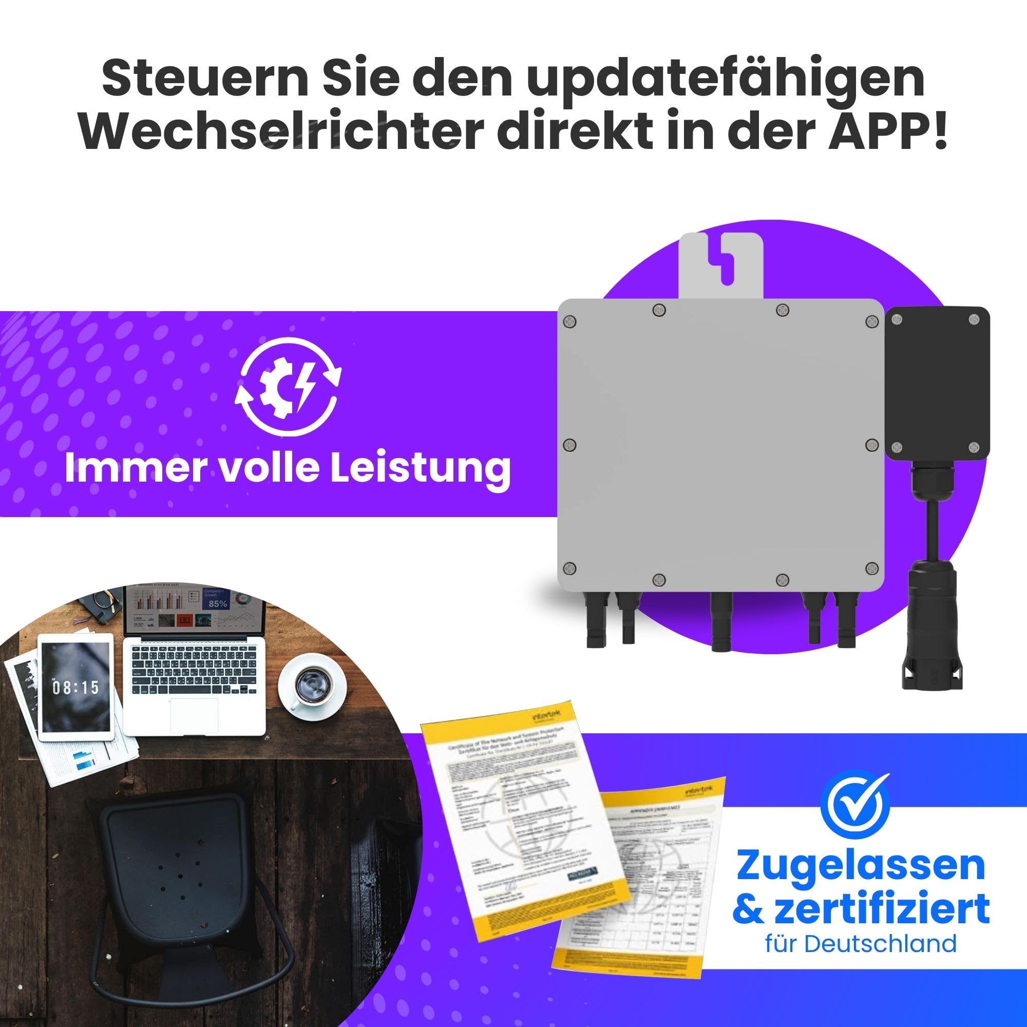 Balkonkraftwerk 830w komplett Steckdose - Set mit 2x Solarpanel 445W ALL BLACK Wechselrichter 800w 5m Schuko Balkon Solaranlage Photovoltaik Komplettanlage
