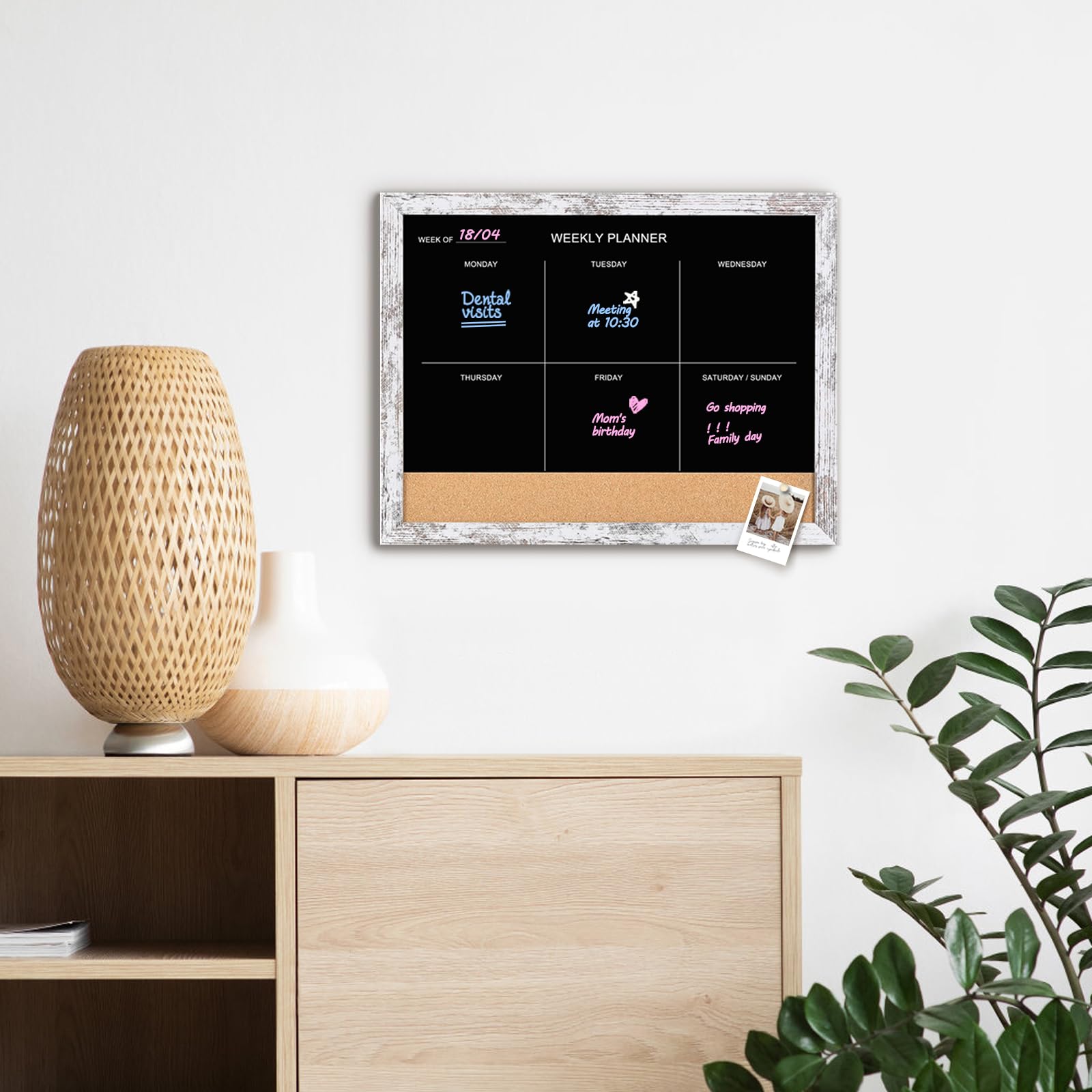 Pizarra y tablero de corcho, calendario semanal de superficie magnética, pizarra y tablón de anuncios, calendario de pizarra combinada para pared, tablero de notas enmarcado de madera