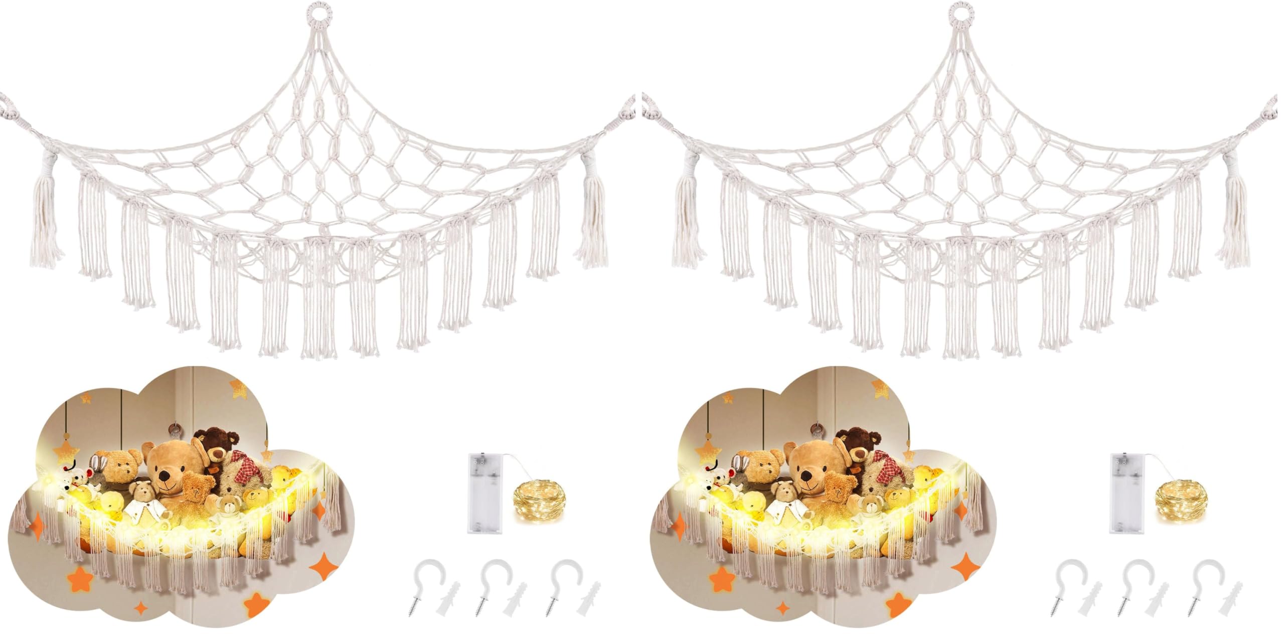 CERETIA Stuffed Animal Hammock with LED Light, Large Stuffed Animals Storage Corner Plushie Net for Kids Room Decor, White (Pack of 2)