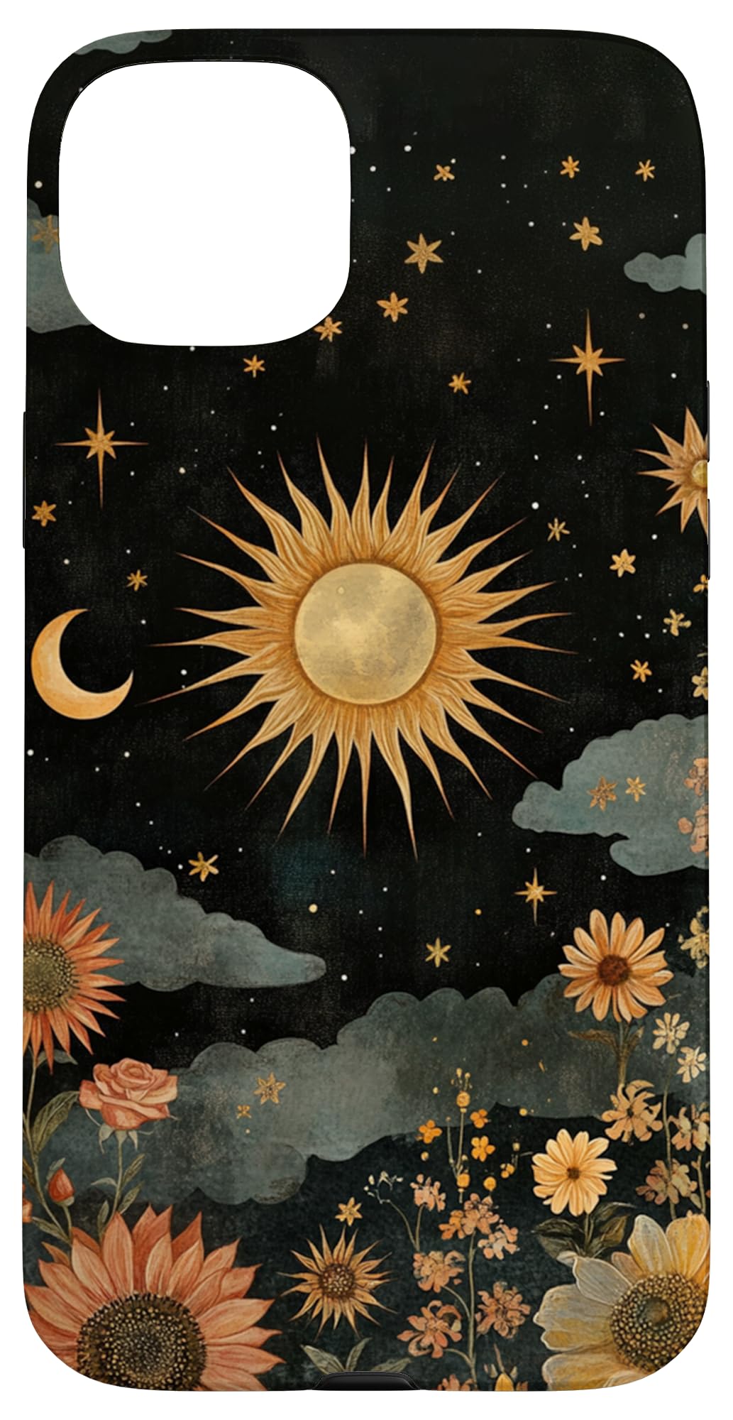 Vintage Boho Celestial Floral Sun Moon Stars Painting Art Case for iPhone 15 Plus