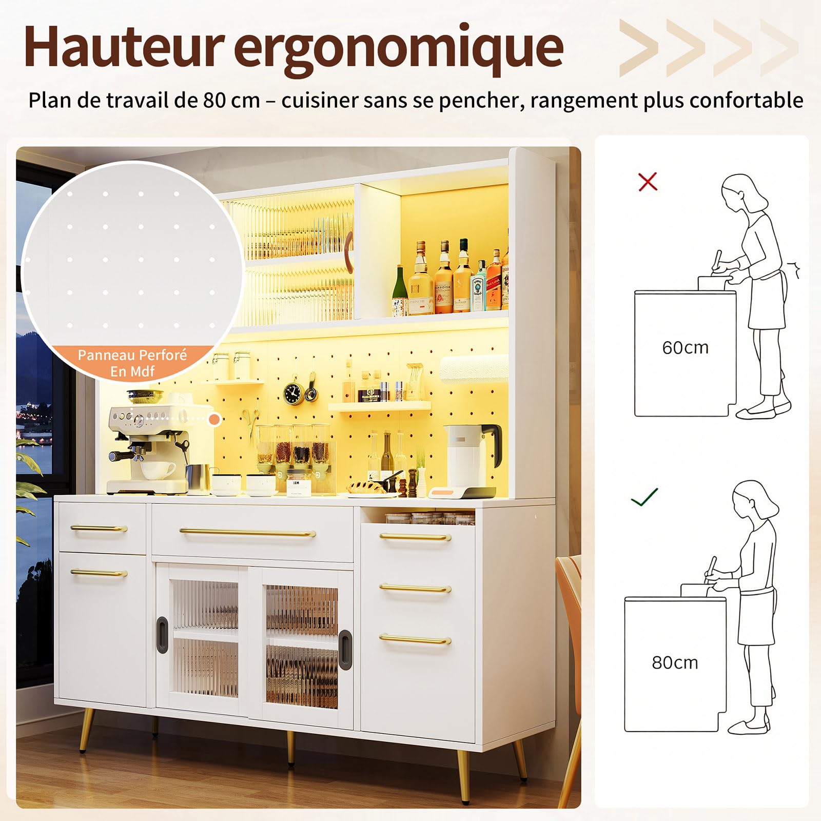 Yihomfy 180cm Meuble Cuisine-Garde Manger de Cuisine Arqué de Haut, Armoire de Rangement en Bois Style Ferme Moderne avec 3 Grands Tiroirs et Étagère Ouverte pour Cuisine