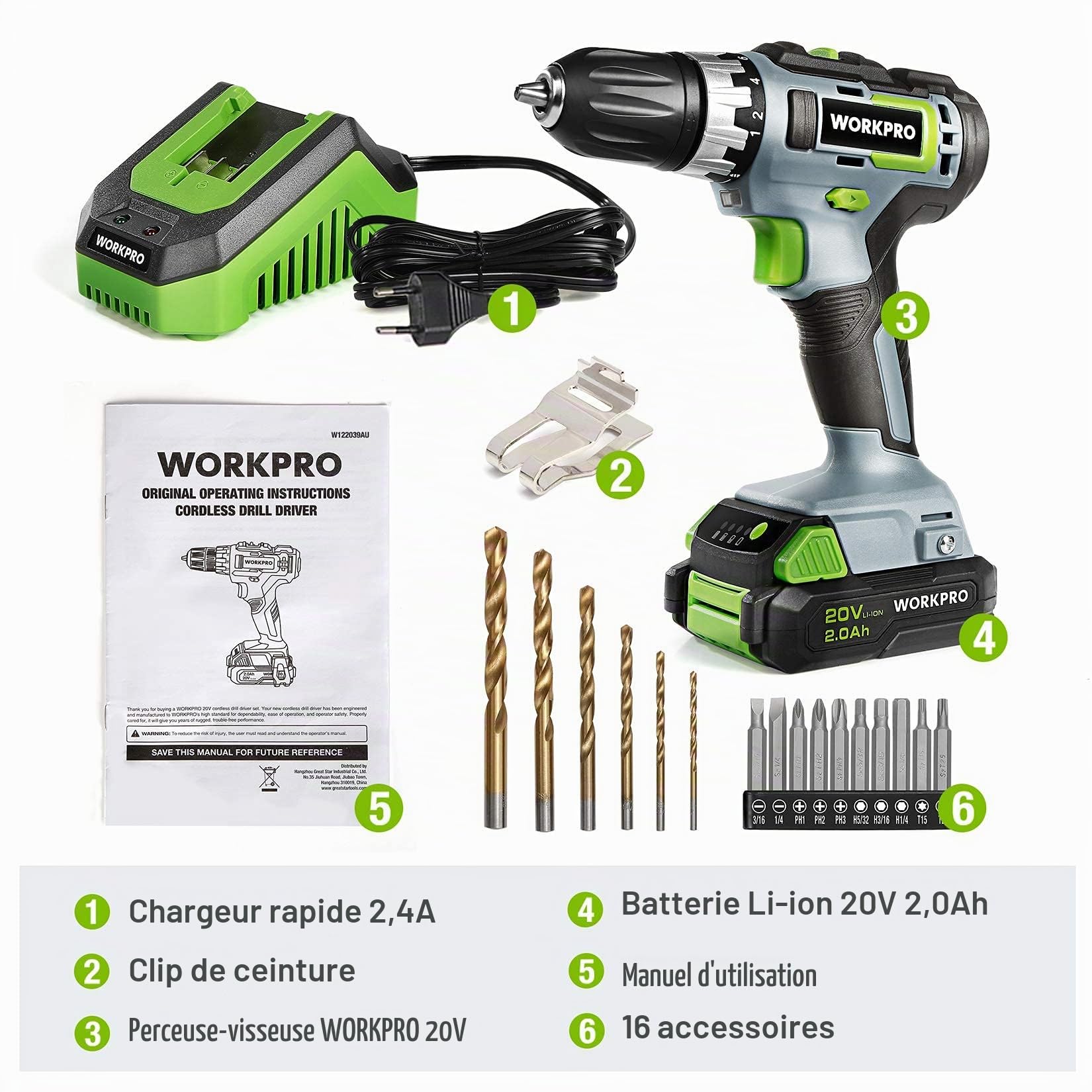 WORKPRO Perceuse Visseuse sans Fil 18V avec Mandrin 3/8’’, 2 Vitesses | Réglage de Couple 18 + 1, Charge Rapide 1H, Visseuse Devisseuse avec Batterie au Lithium-ion 2,0Ah et 16 Accessoirs