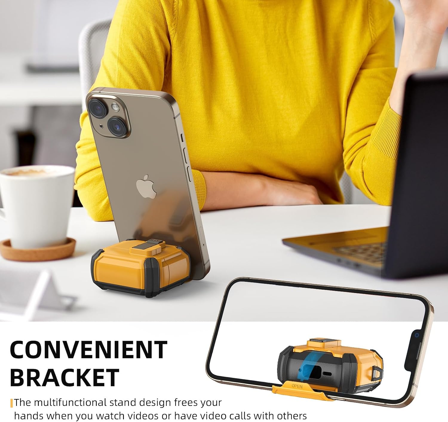 Meliya for AirPods 4 Case, Comes with Phone Holder and Magsafe Function, Automatic Pop-up Full Protection Hard Case with Secure Lock & Cleaner Kit & Keychain for AirPods 4 2024, Yellow image 3
