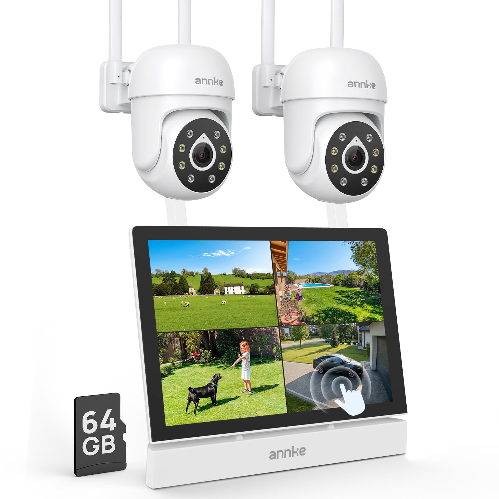 ANNKE Überwachungskamera Set mit Monitor, 4CH 7" NVR mit 5MP Kameras, 64 GB | 7"Touchscreen, 2X 3K PTZ WiFi Kameras, 24/7 Aufzeichnung, 2 Wege Audio, Spotlight Alarm, Farbnachtsicht, Bewegungsüberwachung